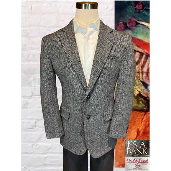 Harris Tweed Jos A Bank 40R Black Gray Herringbone Blazer Sport Coat Jacket - Picture 7 of 16